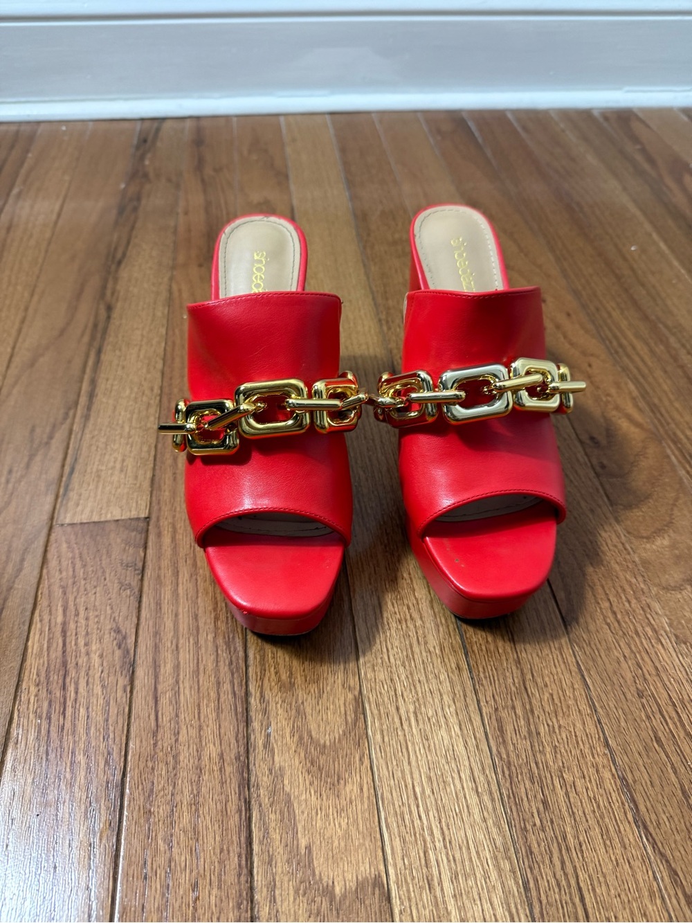 Shoe Dazzle Red Open-Toe Mules with Gold Chain Trim